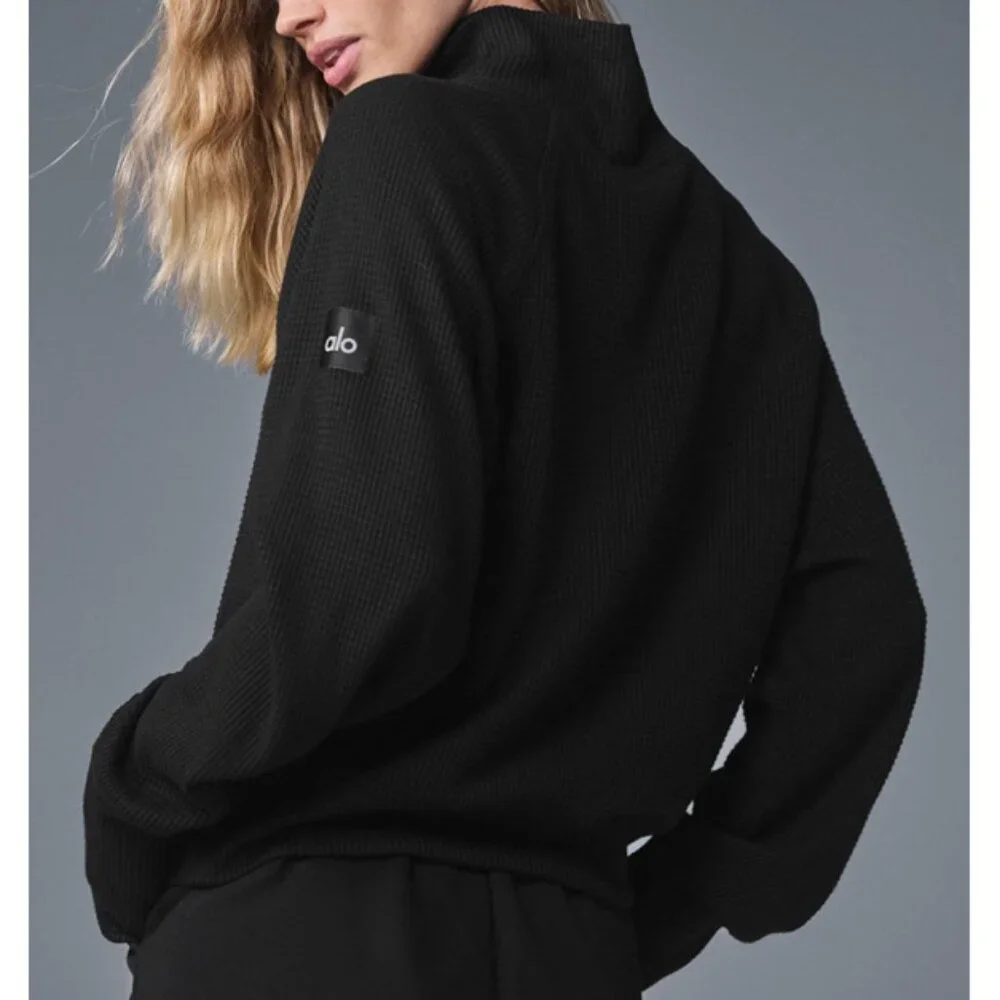 Alo Waffle Weekend Escape Mock Neck Long Sleeve Black Turtleneck Thermal Sweater